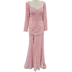NWT Fitted Long Sleeve Sequin Gown with Leg Slit and Corset Back